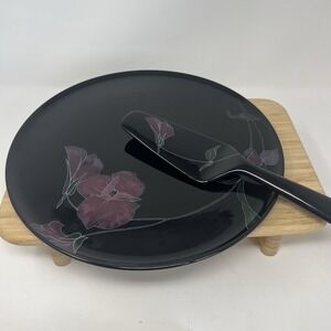 Tango 12" MIKASA Cake Plate & Server Set Black & Purple Floral‎ Japan